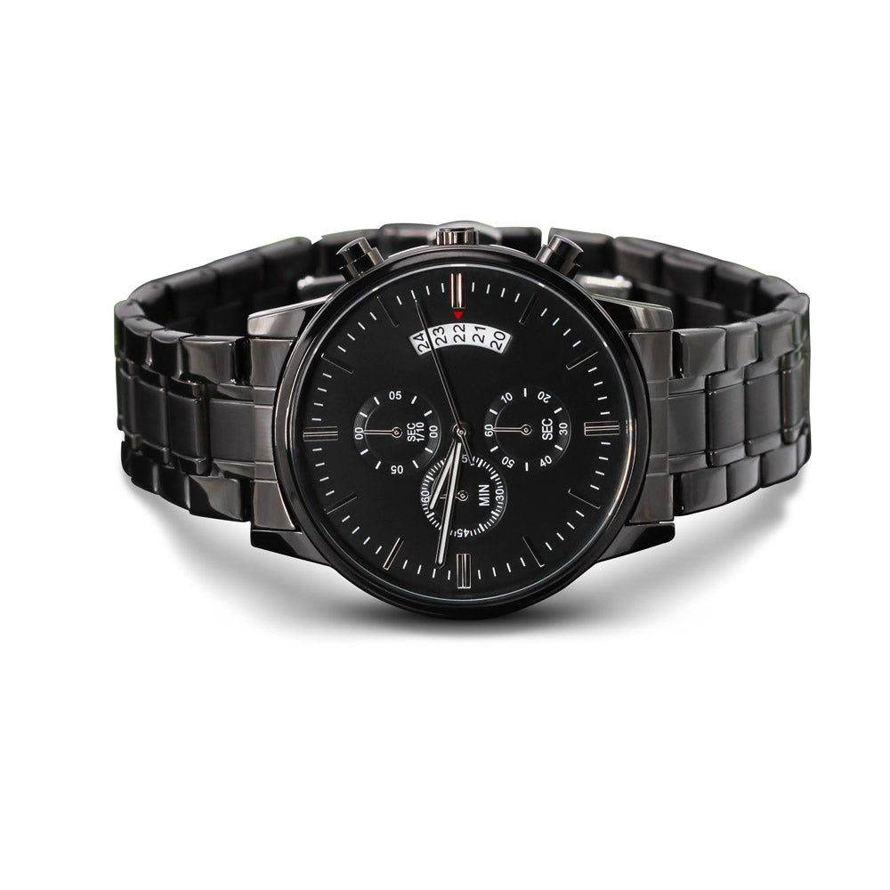 Black Chronograph Watch for Men, Three Subdials, Mahogany Luxury Gift Box