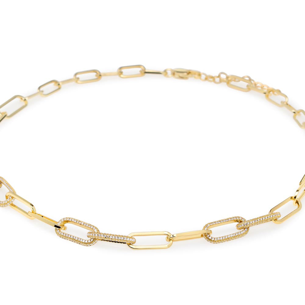 CZ Paperclip Chain Necklace, 18K Gold Finish, Crystal Set Links