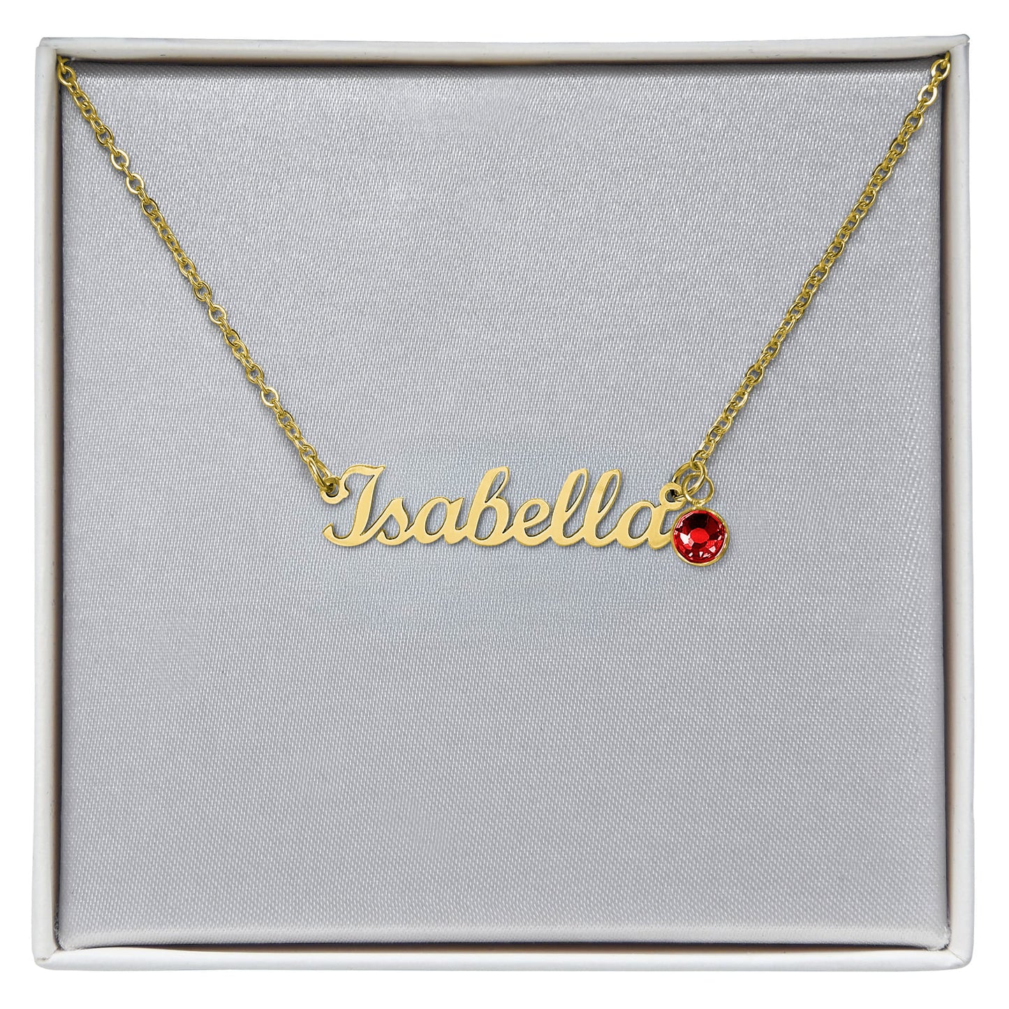 Gold cursive name necklace with a sparkling birthstone, made to order