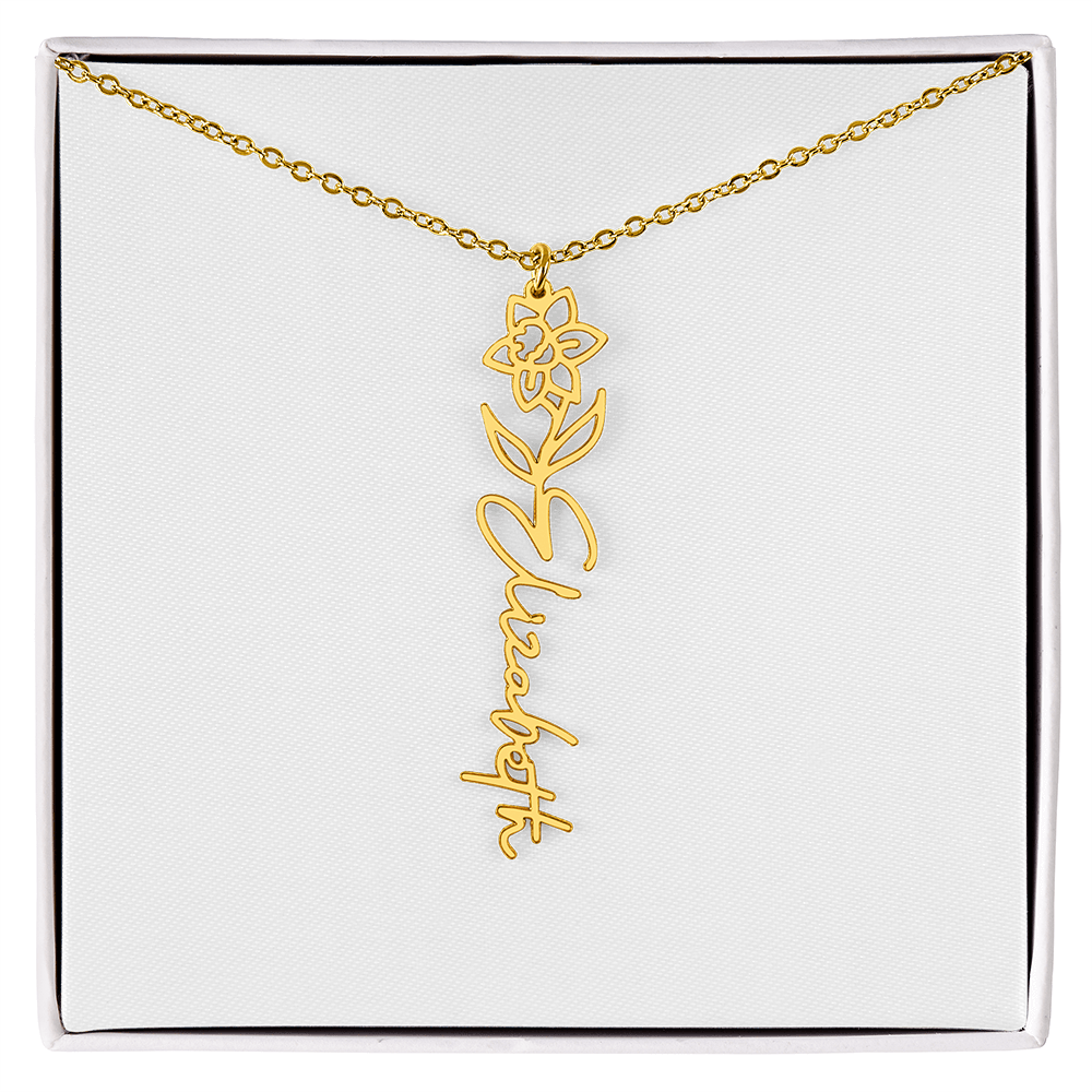 Flower name necklace in a wooden gift box