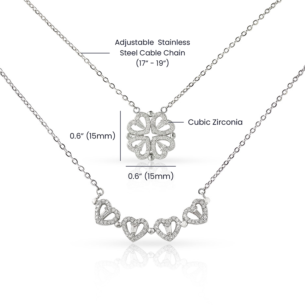 Magnetic Hearts Necklace, Four Crystal Hearts Form a Lucky C - Magnetic Clover Necklace Spec Image