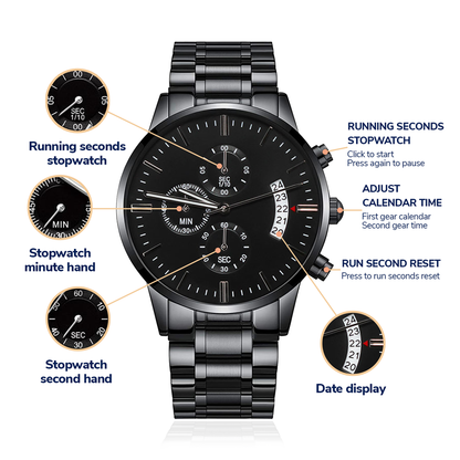 Black Chronograph Watch for Men, Three Subdials, Mahogany Luxury Gift Box