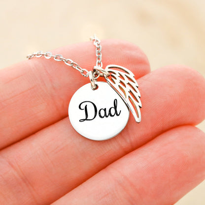 Memorial Necklace for Dad, Angel Wing Keepsake, 18K Yellow G - Dad Remembrance in hand