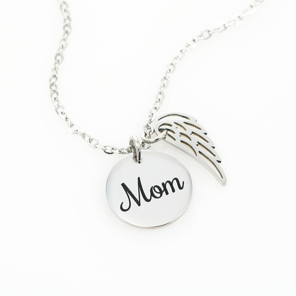 Memorial Necklace for Mom, Angel Wing Keepsake, Polished Stainless Steel