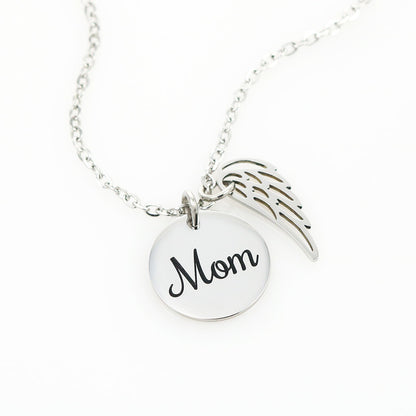 Memorial Necklace for Mom, Angel Wing Keepsake, Polished Stainless Steel