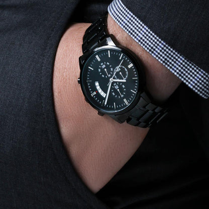Black Chronograph Watch for Men, Three Subdials, Mahogany Luxury Gift Box
