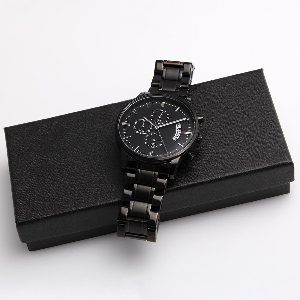 Black Chronograph Watch for Men, Three Subdials, Mahogany Luxury Gift Box