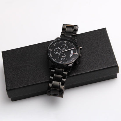 Black Chronograph Watch for Men, Three Subdials, Mahogany Luxury Gift Box