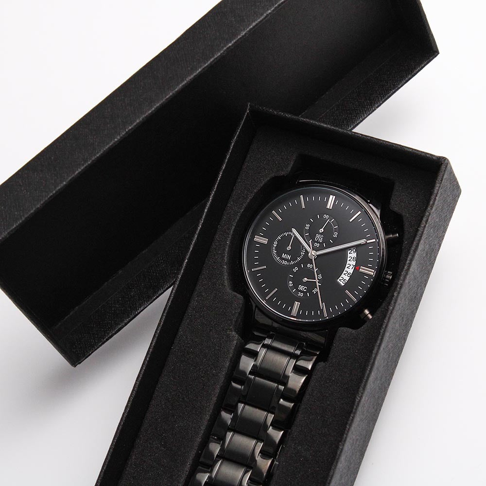 Black Chronograph Watch for Men, Three Subdials, Mahogany Luxury Gift Box