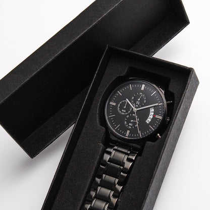 Black Chronograph Watch for Men, Three Subdials, Mahogany Luxury Gift Box