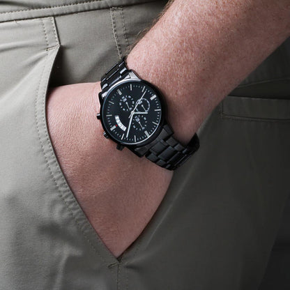 Black Chronograph Watch for Men, Three Subdials, Mahogany Luxury Gift Box