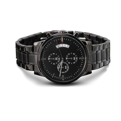 Black Chronograph Watch for Men, Three Subdials, Mahogany Luxury Gift Box
