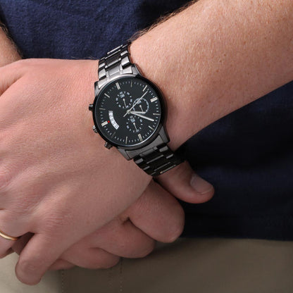 Black Chronograph Watch for Men, Three Subdials, Mahogany Luxury Gift Box