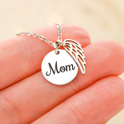 Memorial Necklace for Mom, Angel Wing Keepsake, Polished Stainless Steel