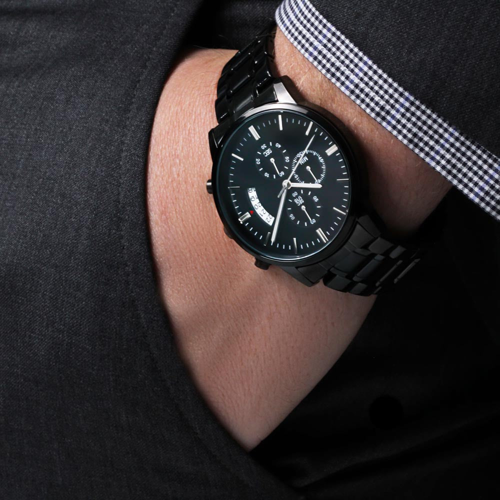 Black Chronograph Watch for Men, Three Subdials, Mahogany Luxury Gift Box