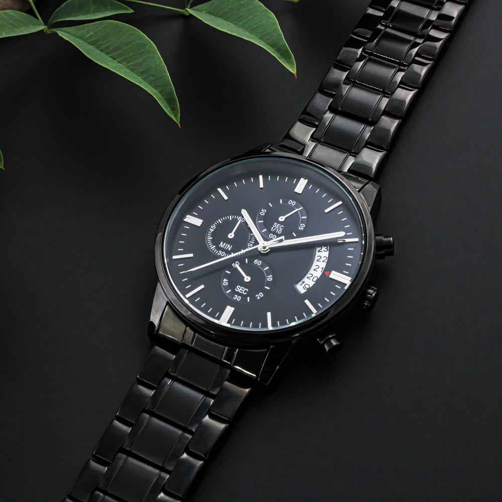 Black Chronograph Watch for Men, Three Subdials, Mahogany Luxury Gift Box