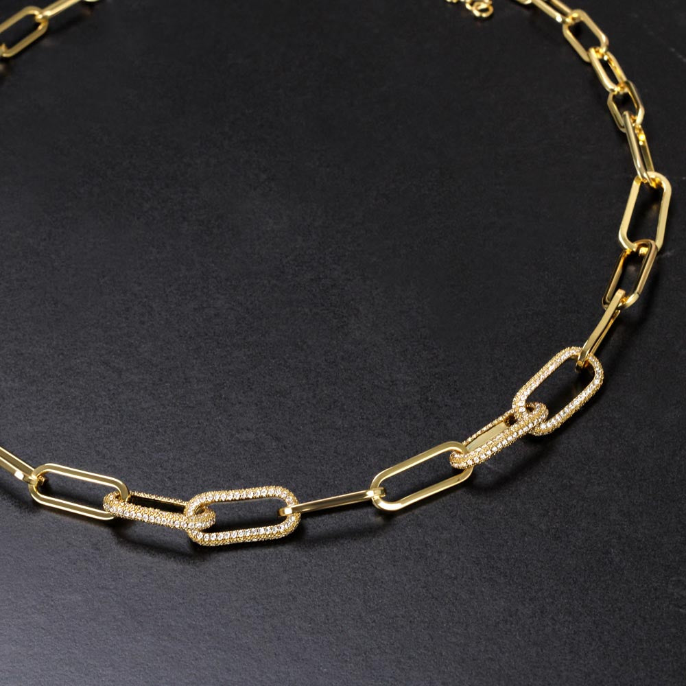 CZ Paperclip Chain Necklace, 18K Gold Finish, Crystal Set Links