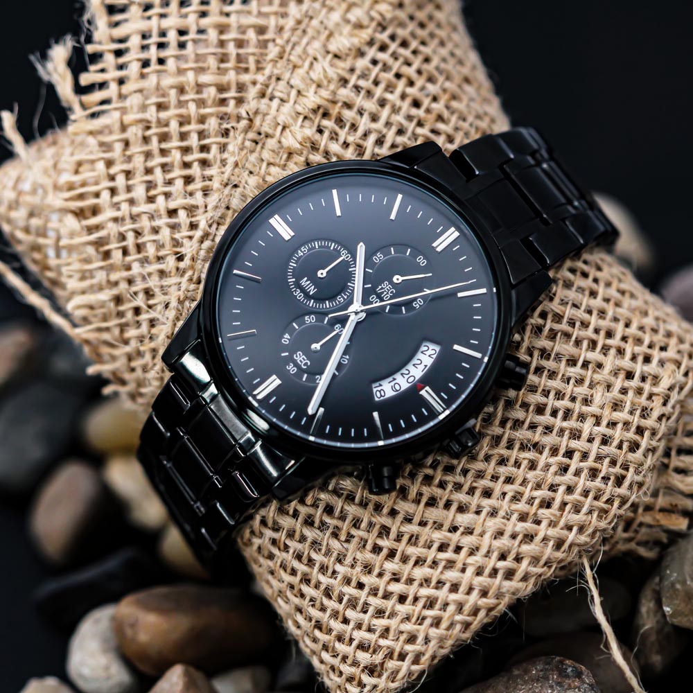 Black Chronograph Watch for Men, Three Subdials, Mahogany Luxury Gift Box