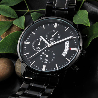 Black Chronograph Watch for Men, Three Subdials, Mahogany Luxury Gift Box