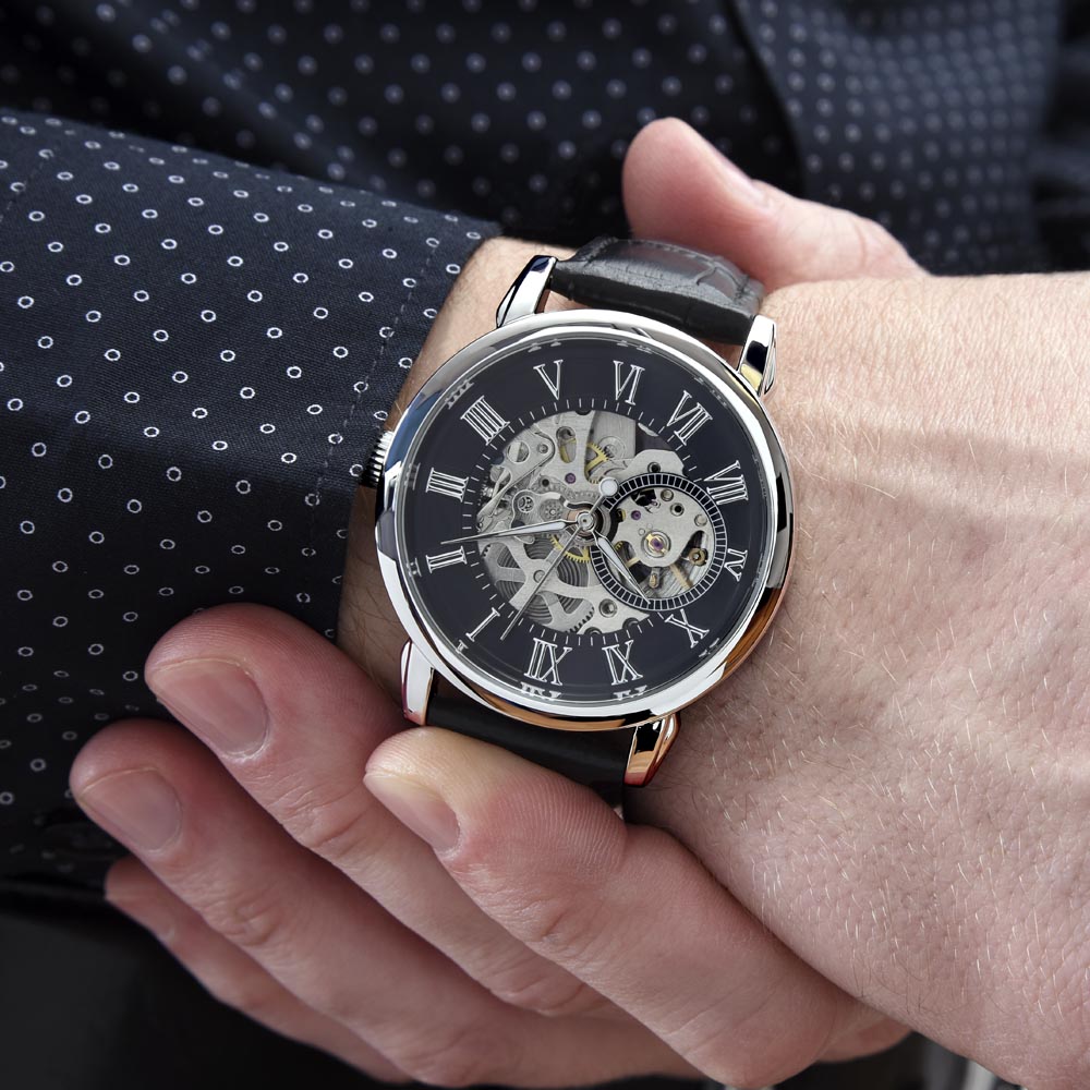 Automatic Skeleton Watch for Men, Self-Winding, Steel Case with Luxury LED Box