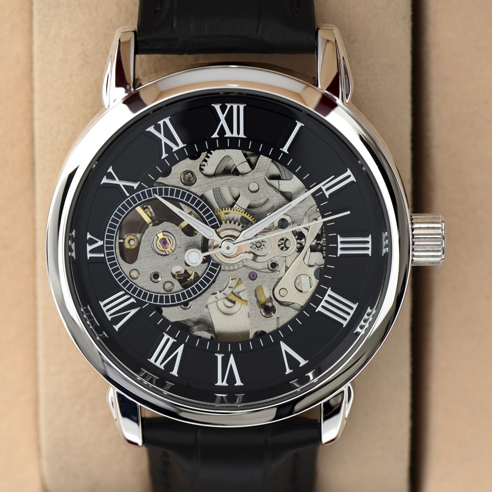 Automatic Skeleton Watch for Men, Self-Winding, Steel Case with Luxury LED Box