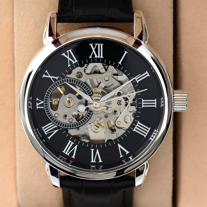 Automatic Skeleton Watch for Men, Self-Winding, Steel Case with Luxury LED Box