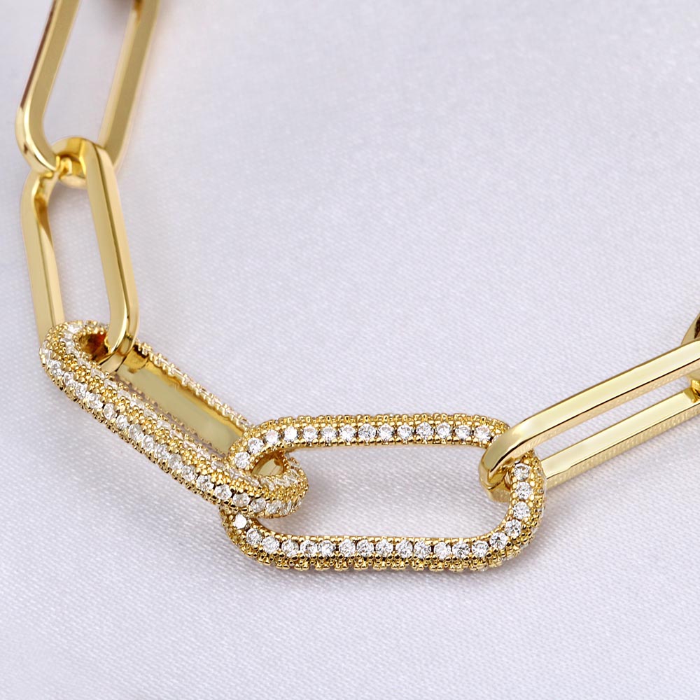 CZ Paperclip Chain Necklace, 18K Gold Finish, Crystal Set Links