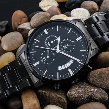 Black Chronograph Watch for Men, Three Subdials, Mahogany Luxury Gift Box
