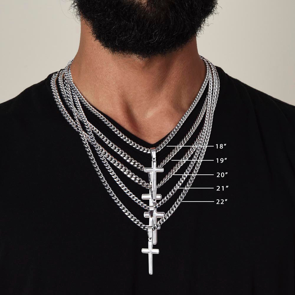 Artisan Cross on Cuban Link Chain, 18K Yellow Gold Finish or - Model Image 6