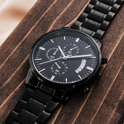 Black Chronograph Watch for Men, Three Subdials, Mahogany Luxury Gift Box