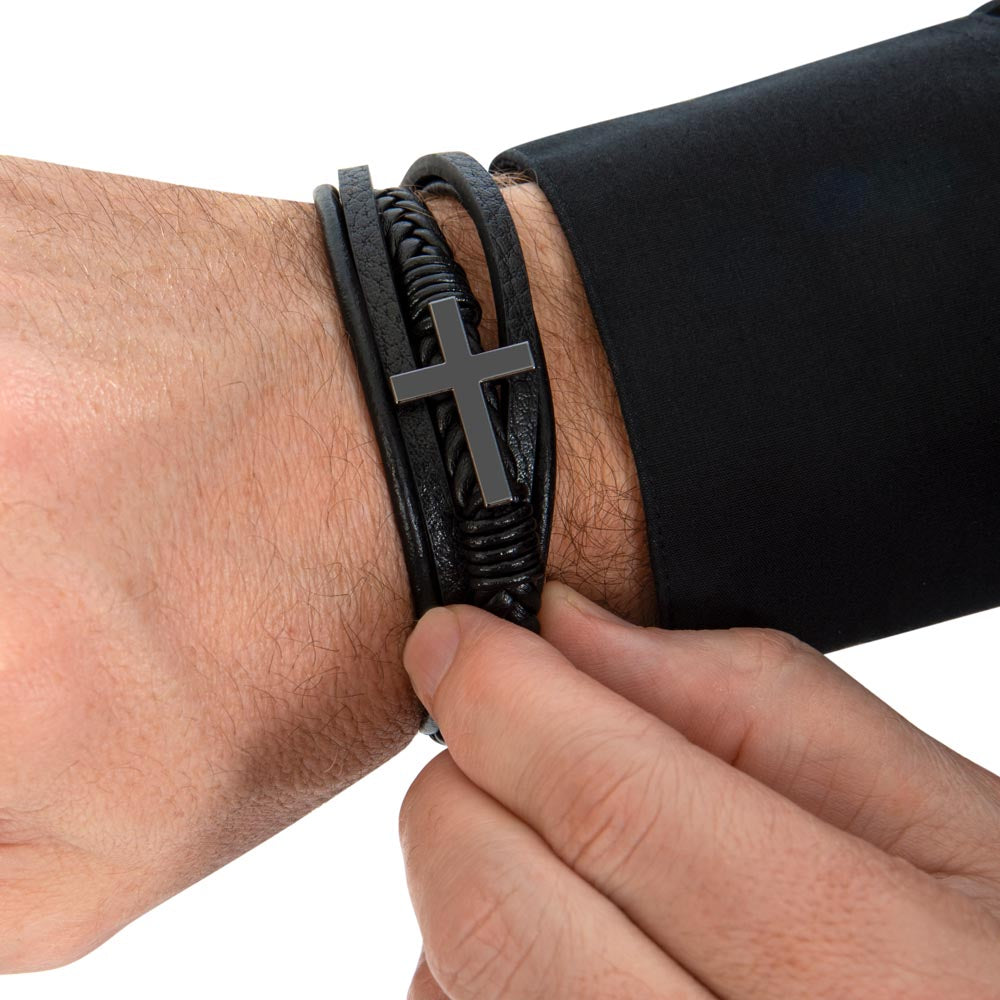 Men's Cross Leather Bracelet, Braided Vegan Leather with Sta - Men's Cross Bracelet LF 7