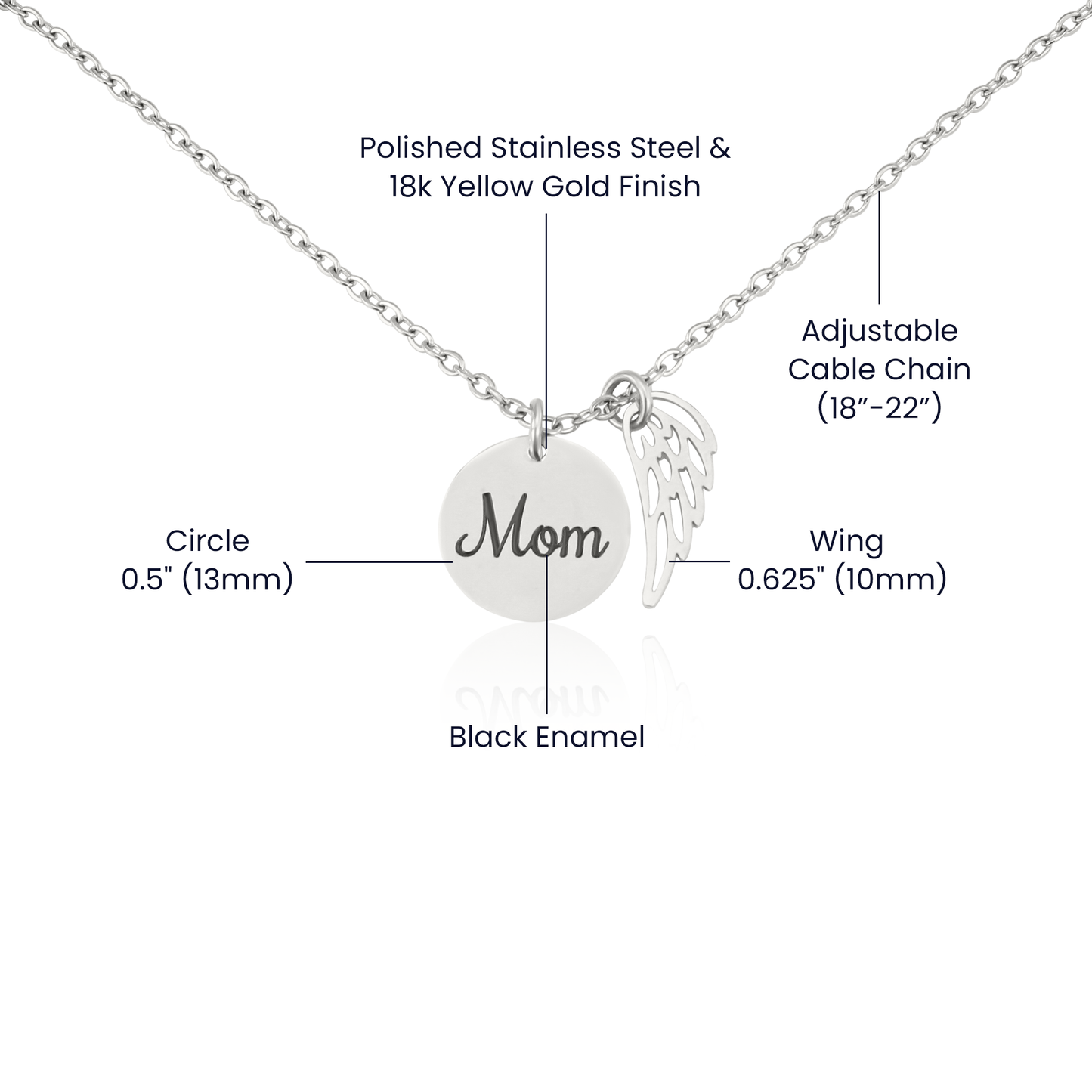 Memorial Necklace for Mom, Angel Wing Keepsake, Polished Stainless Steel