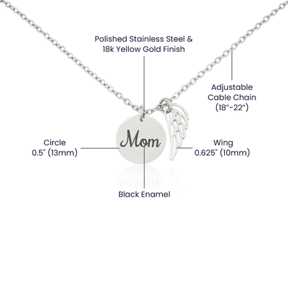 Memorial Necklace for Mom, Angel Wing Keepsake, Polished Stainless Steel