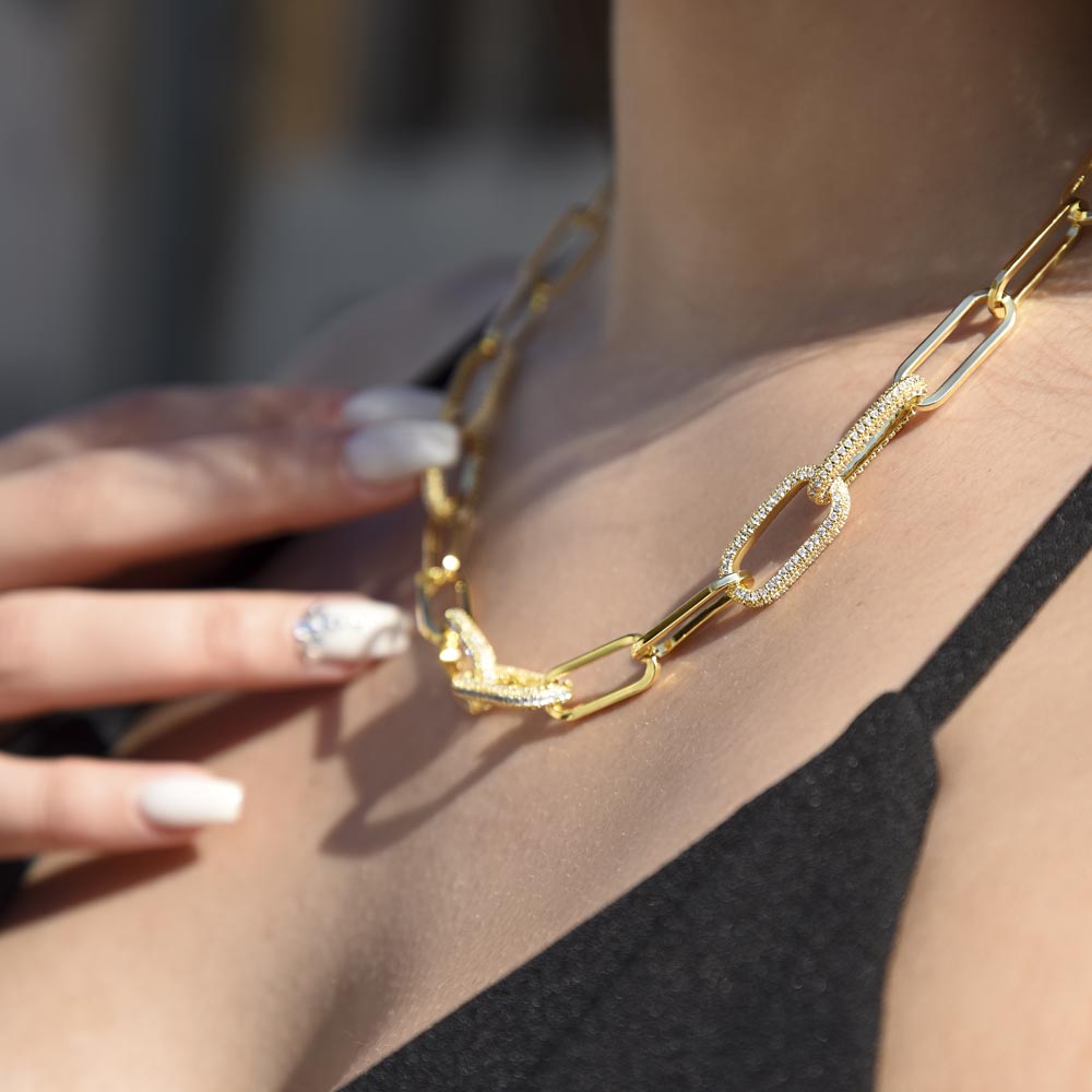 CZ Paperclip Chain Necklace, 18K Gold Finish, Crystal Set Links