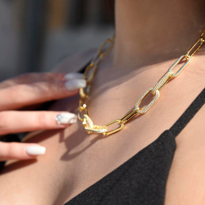 CZ Paperclip Chain Necklace, 18K Gold Finish, Crystal Set Links