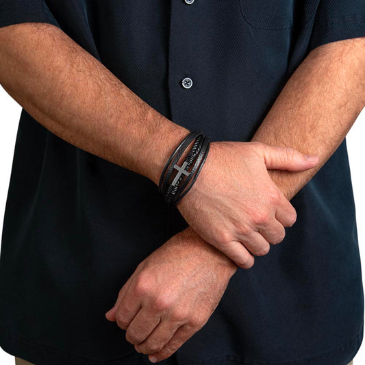 Men's Cross Leather Bracelet, Braided Vegan Leather with Sta - Men's Cross Bracelet LF 1