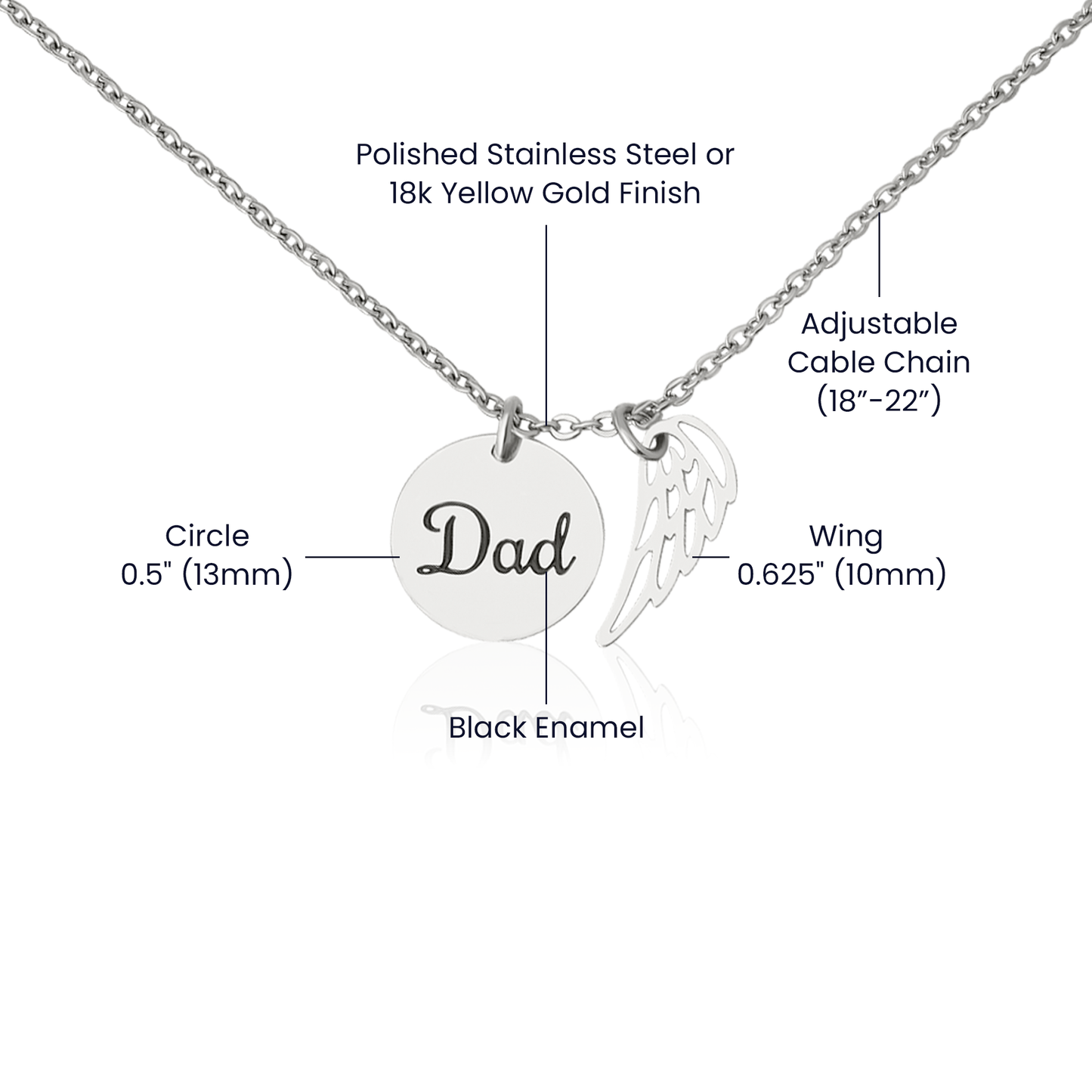 Memorial Necklace for Dad, Angel Wing Keepsake, 18K Yellow G - Spec Image