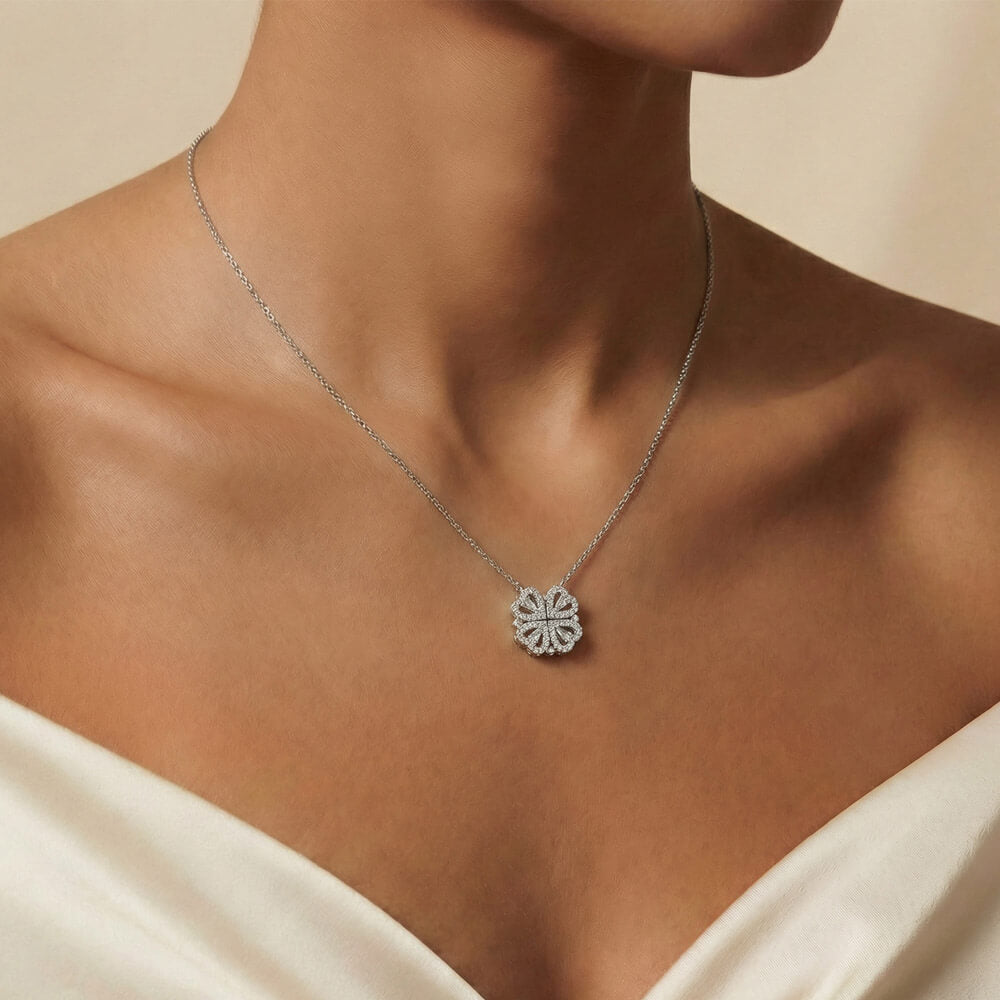 Magnetic Hearts Necklace, Four Crystal Hearts Form a Lucky C - Magnetic Clover Necklace