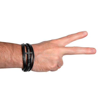 Men's Cross Leather Bracelet, Braided Vegan Leather with Sta - Men's Cross Bracelet LF 4