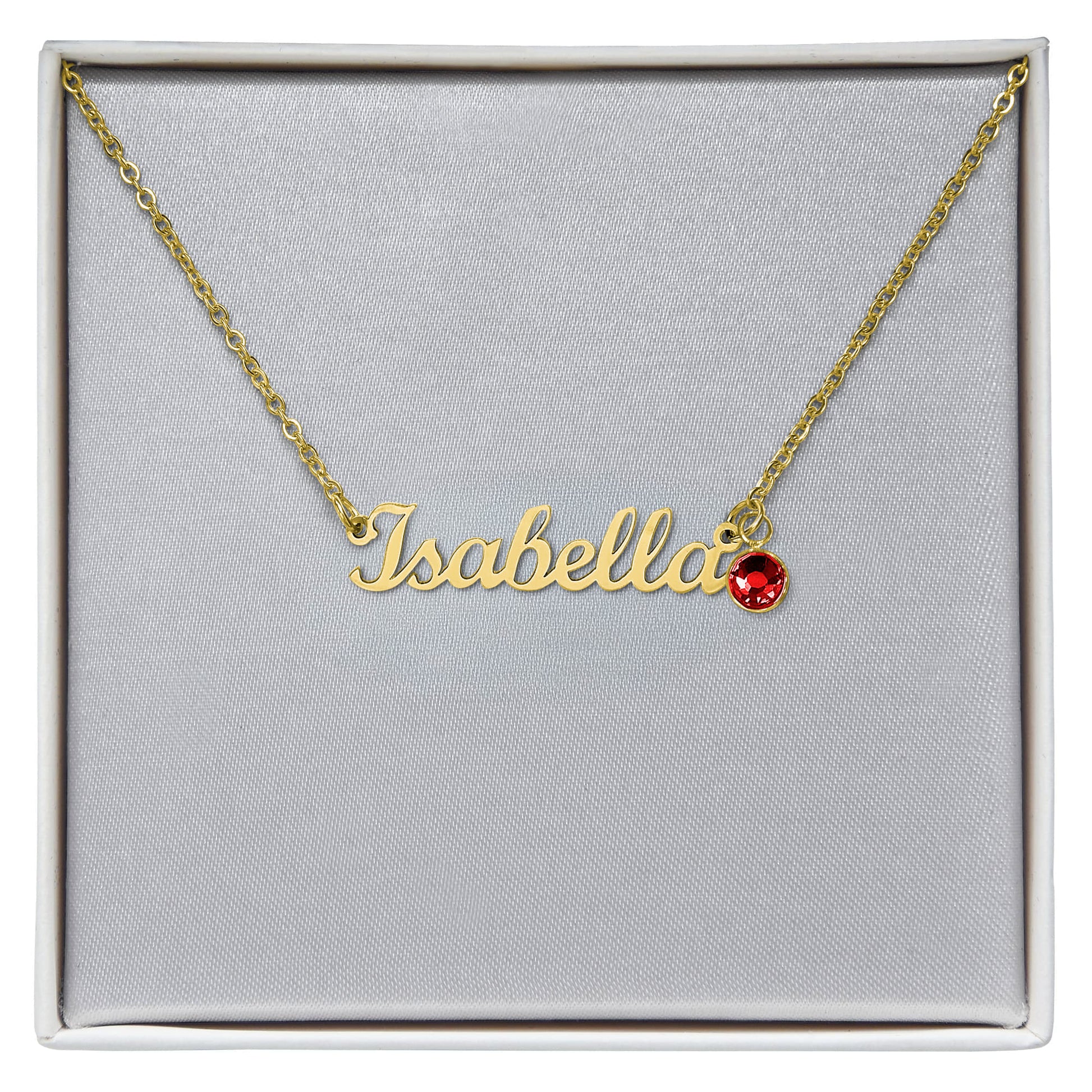 Gold cursive name necklace with a sparkling birthstone, made to order