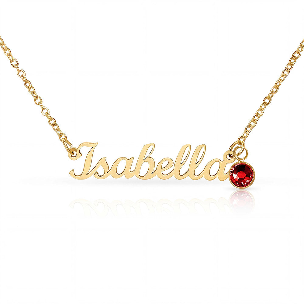 Personalized gold name necklace with a red birthstone