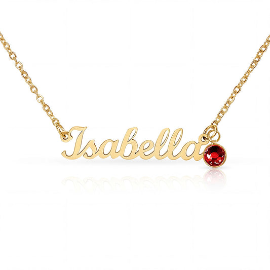 Personalized gold name necklace with a red birthstone