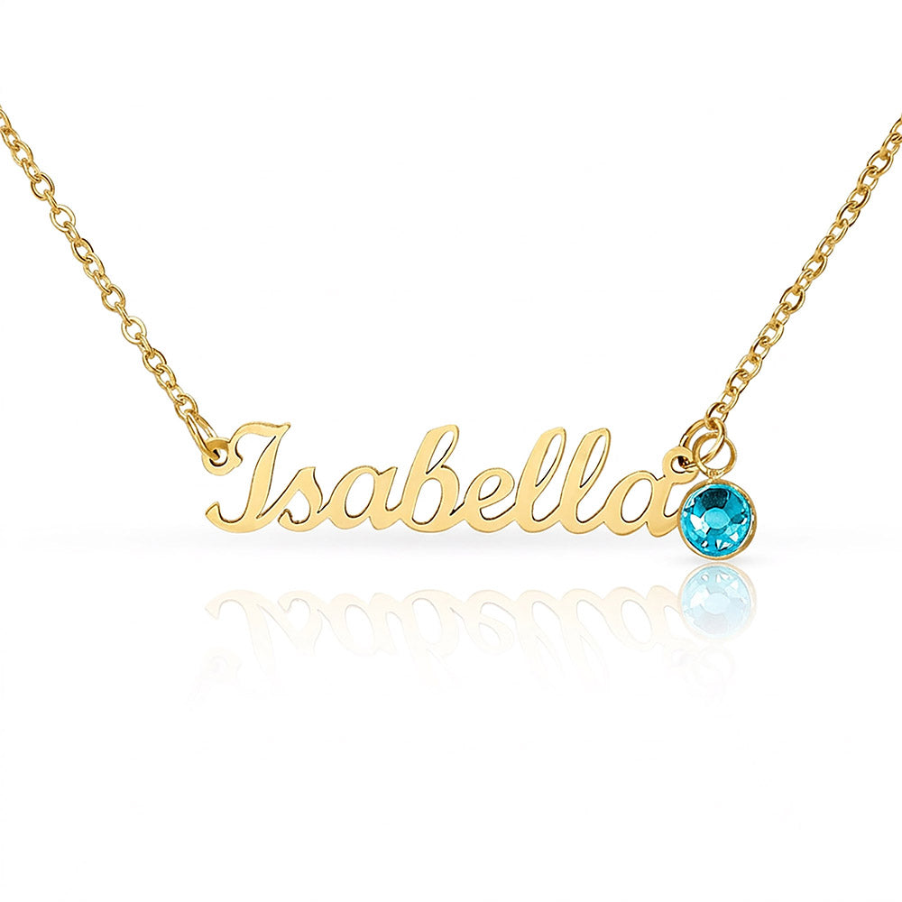 Gold name necklace with a blue birthstone, personalized