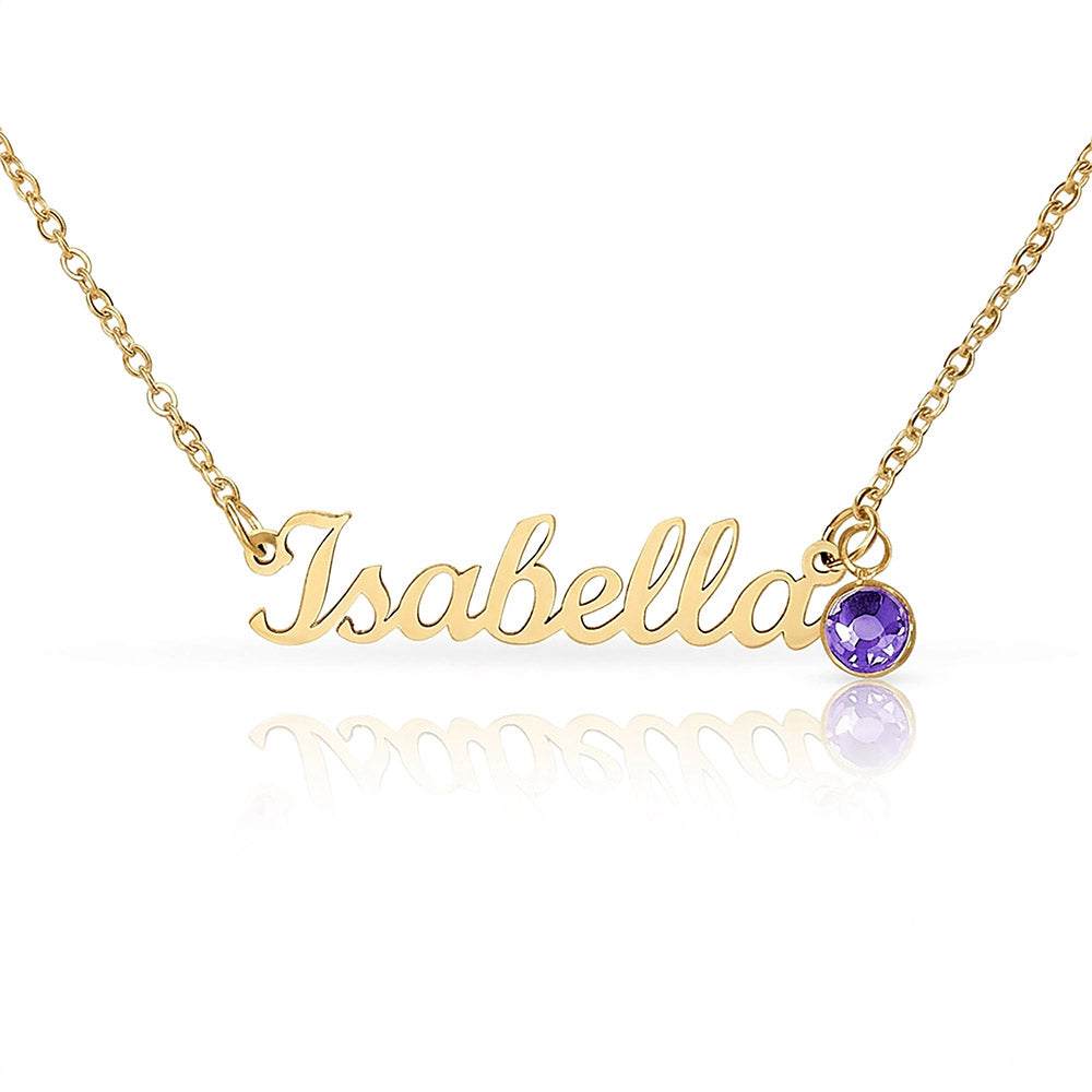 Gold name necklace with a purple birthstone, personalized