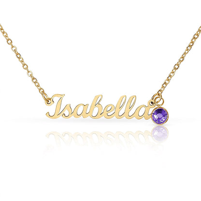 Gold name necklace with a purple birthstone, personalized