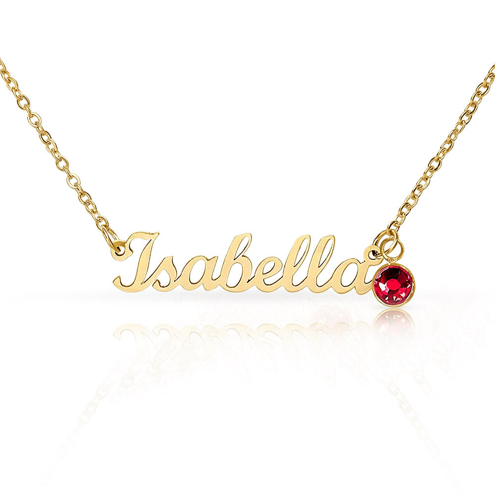 Personalized gold name necklace with a red birthstone