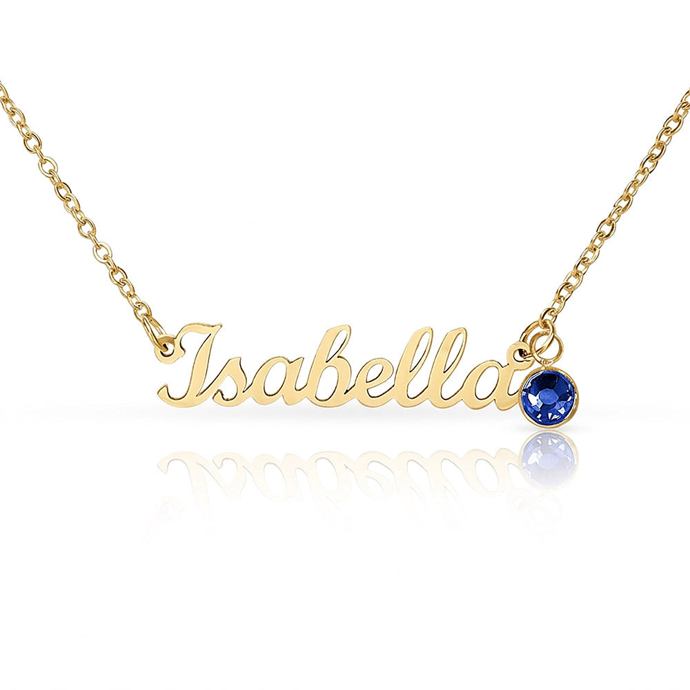 Personalized gold name necklace with birthstone, detail view