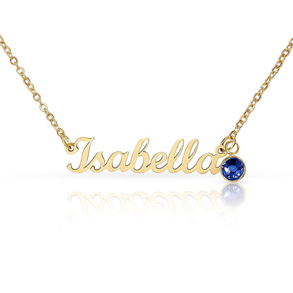 Personalized gold name necklace with birthstone, detail view