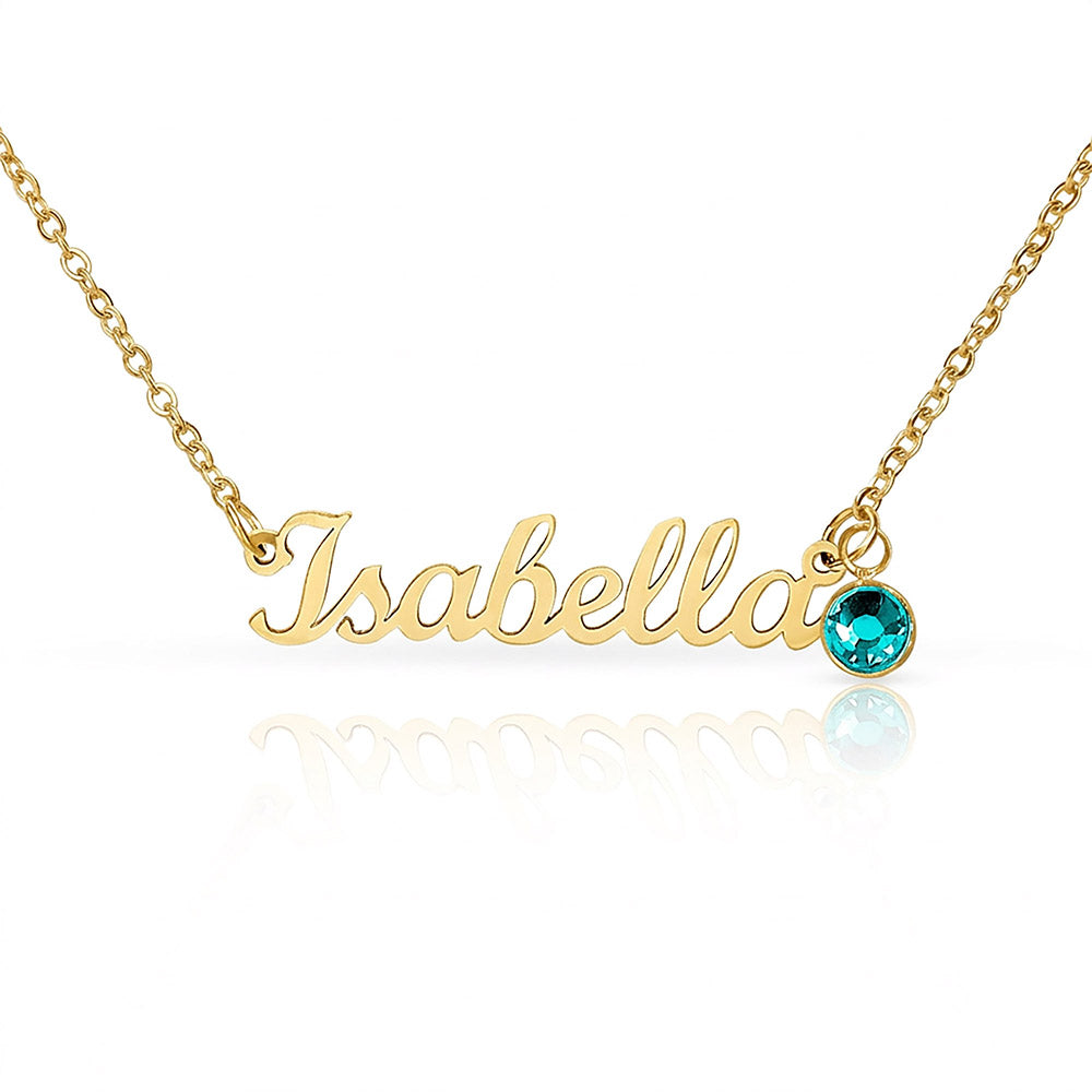 Gold name necklace with a blue birthstone, personalized