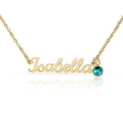 Gold name necklace with a blue birthstone, personalized